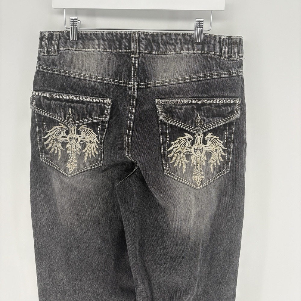 No Fear IDLE Jeans Y2K Womens 12 Faded Rhinestone Skull Cross Flap Pocket